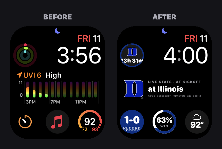 Modular, before and after. Shown here with Duke; yours shows your school.